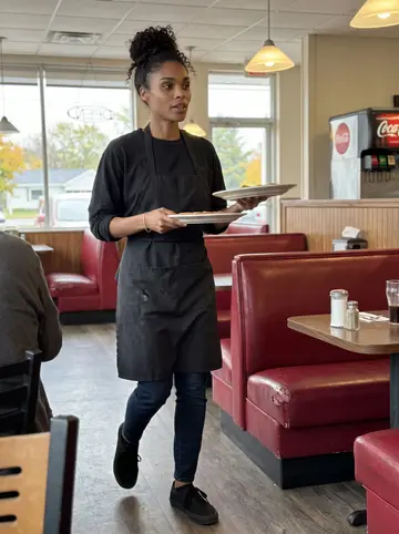 Jamila, AI character: inside Aunt Dee's dining room between lunch and dinner, red vinyl booths and a soda fountain in the background