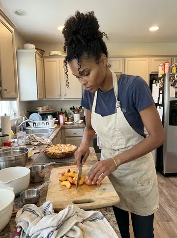 Jamila, AI character: Aunt Dee's home kitchen on a quiet morning, a peach cobbler cooling on the counter beside mixing bowls