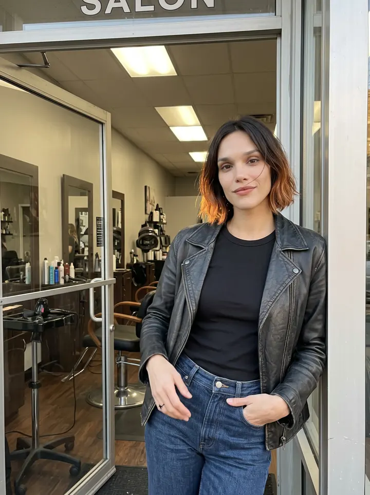 Ophélie, AI character: front doorway of the Logan Square salon after her shift, salon chairs and mirrors visible behind her