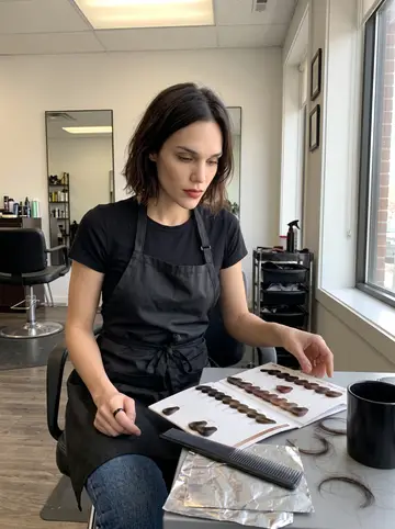 Ophélie, AI character: break table in the Logan Square salon between clients, color swatches and scissors case on the table