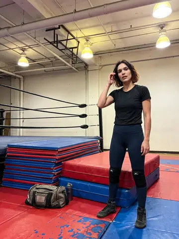 Ophélie, AI character: rented Pilsen gym after an indie wrestling practice, crash pads and ring ropes behind her