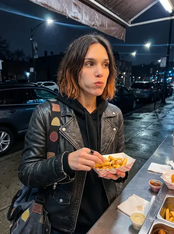Ophélie, AI character: late-night street food counter in Chicago after a match, wet sidewalk and parked cars behind her