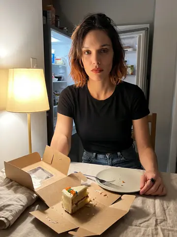 Ophélie, AI character: small apartment kitchen late at night, a single birthday cake slice in a takeout box on the table