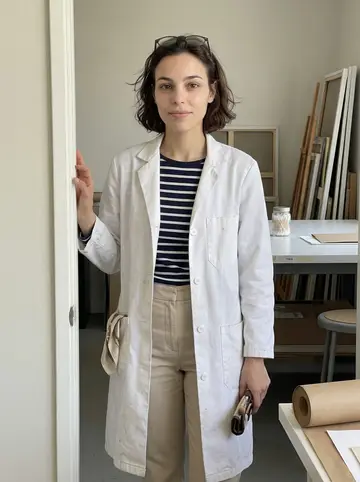 Eugénie, AI character: the doorway of an art conservation lab in Los Angeles, old canvas racks and a clean worktable behind her