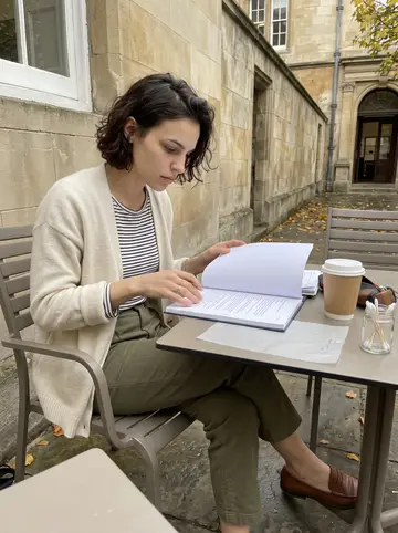 Eugénie, AI character: a courtyard table outside the university conservation building, with notebooks, cotton swabs and a paper…