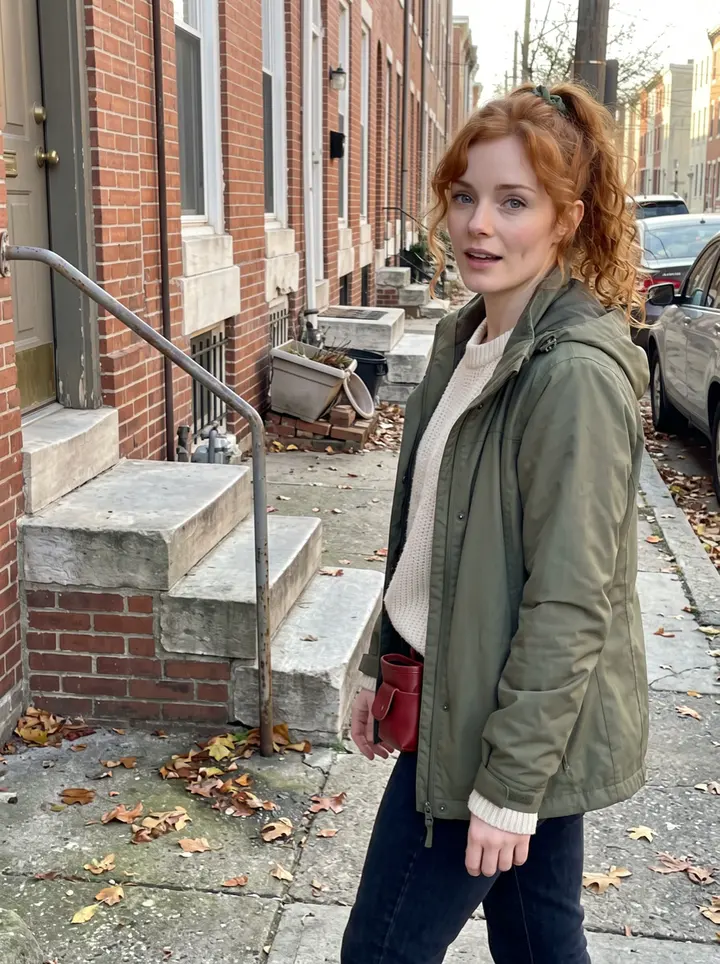 Jodie, AI character: a leafy Philadelphia rowhouse block near her new apartment, just after a late-afternoon walking route, red…