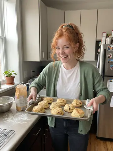 Jodie, AI character: her small Philadelphia apartment kitchen, mixing bowl and uneven scones on a baking tray beside the window