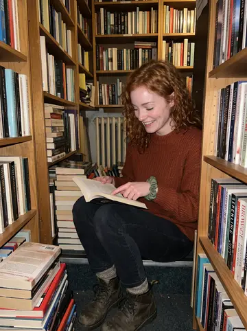 Jodie, AI character: a cramped second-hand paperback shop with old radiators and narrow aisles, sitting on a low step between…