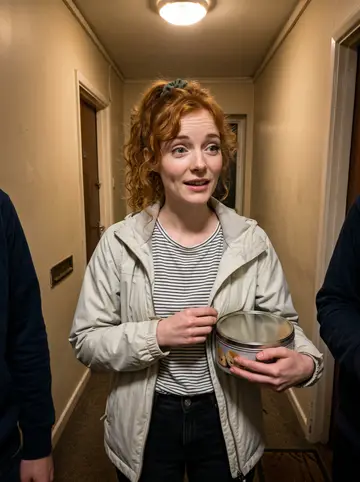 Jodie, AI character: her apartment building hallway after meeting two neighbors, cropped shoulders of other people at the frame…