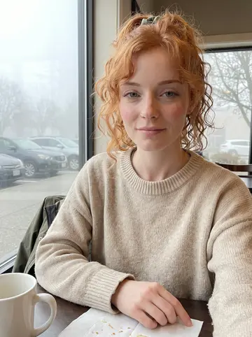 Jodie, AI character: a small corner cafe near her walking route, foggy street visible through the window behind her
