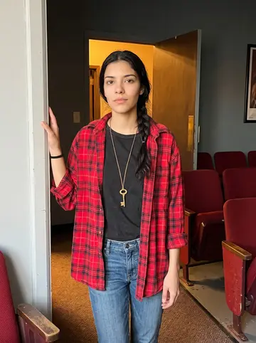Berenice, AI character: the aisle of her abuelo's old single-screen theater in El Paso, empty red seats behind her and the…