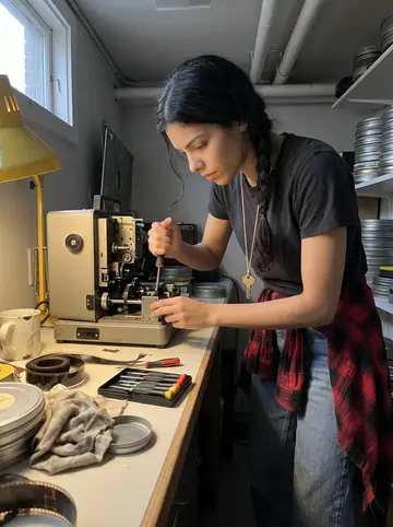 Berenice, AI character: the cramped projection booth above the theater, open 16mm projector on a workbench, film cans stacked…