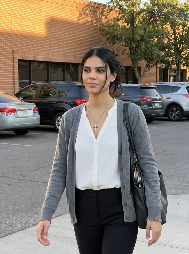 Yoselin, AI character: downtown El Paso after work, outside a low office building near the title company, warm brick wall and…