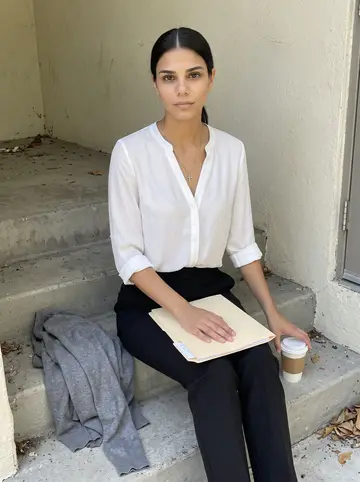Yoselin, AI character: the shaded side steps behind the title company during a short lunch break in El Paso