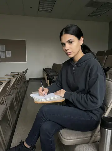 Yoselin, AI character: back row of a Sunday sociology lecture hall on a community college campus, notebook and thermos on the…