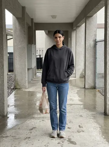 Yoselin, AI character: covered walkway behind her apartment building after light rain, near the mailboxes and trash enclosure