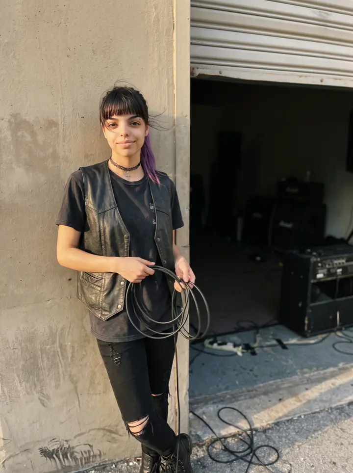Mayelin, AI character: outside a small Miami warehouse rehearsal space before a weekend show, the roll-up door half open behind her
