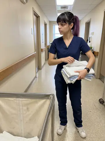 Mayelin, AI character: quiet back hallway of the Hialeah care home near the linen cart, no residents visible