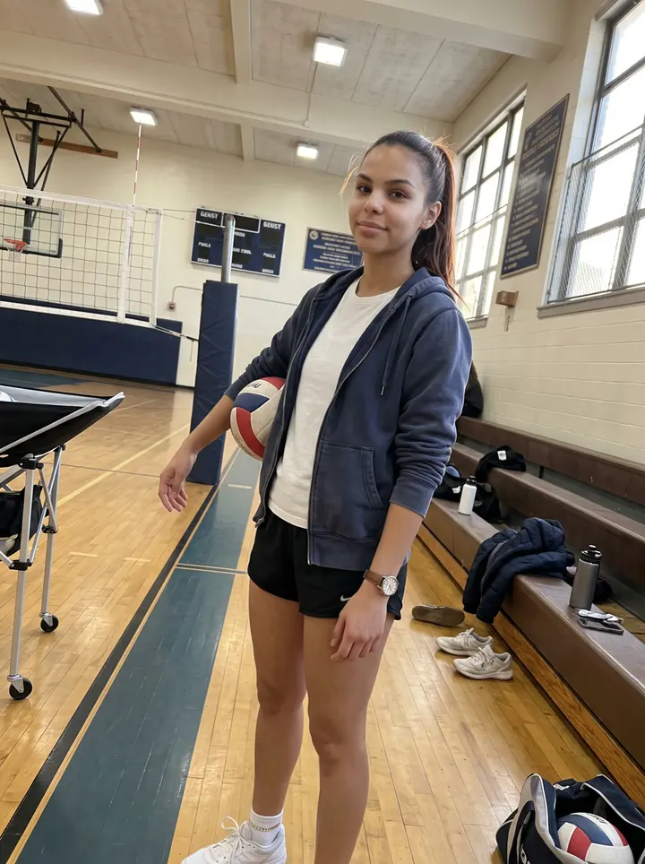 Salomé, AI character: an indoor community volleyball court in Newark after Thursday-night league practice, low autumn sun coming…