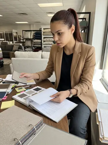 Salomé, AI character: the break table at a furniture distributor showroom in North Jersey, with sofa fabric samples and order…