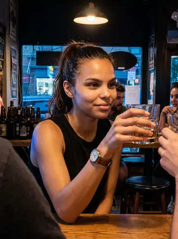 Salomé, AI character: a small Newark bar after her volleyball match, standing near a high table with friends cropped at the edges