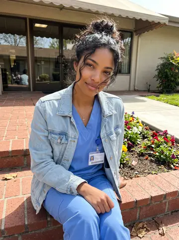 Sarah, AI character: the small garden courtyard outside the Sacramento care home after her weekend CNA shift, sitting on the…
