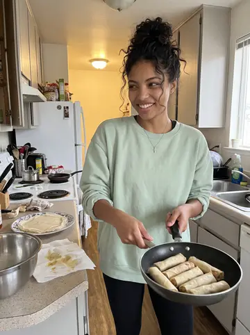 Sarah, AI character: her shared Sacramento apartment kitchen on a Sunday morning, a plate of lumpia wrappers and a mixing bowl…