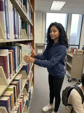 Sarah, AI character: a quiet aisle of the Sacramento community college library between nursing textbooks and paperback novels