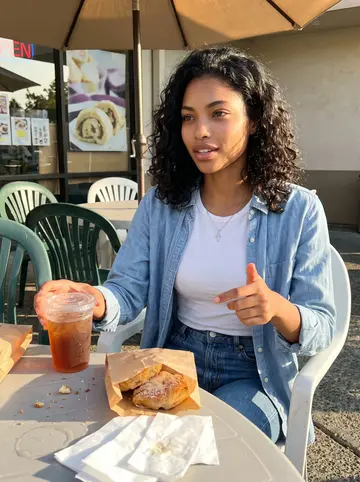 Sarah, AI character: a small Filipino bakery patio in Sacramento, plastic table with iced tea and a paper bag of pastries