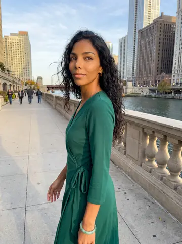 Tamara, AI character: Chicago riverwalk near her apartment building in late afternoon, city stone rail and water behind her