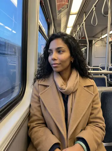 Tamara, AI character: inside a Chicago train car after her restaurant shift, window showing blue evening outside