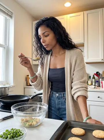 Tamara, AI character: her apartment kitchen, mixing bowl, skillet, scallions, and biscuit tray on the counter