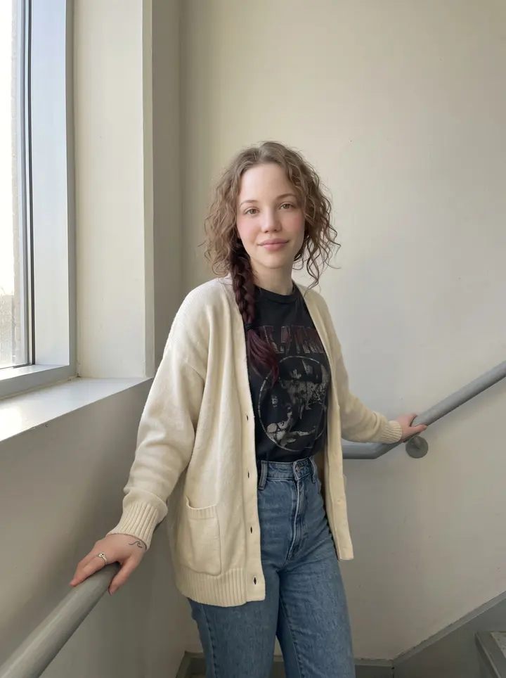 Siobhan, AI character: a quiet concrete stairwell at UMass Boston, late afternoon, one landing above the bookstore level where…