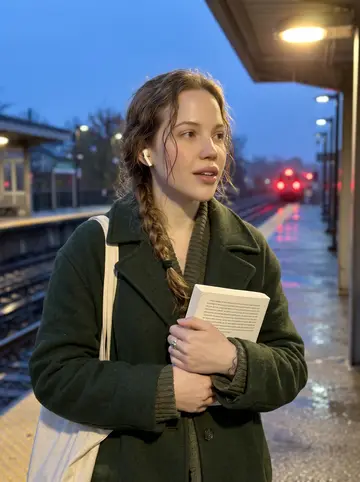 Siobhan, AI character: North Quincy T platform after her bookstore shift, damp pavement and blurred red train lights behind her