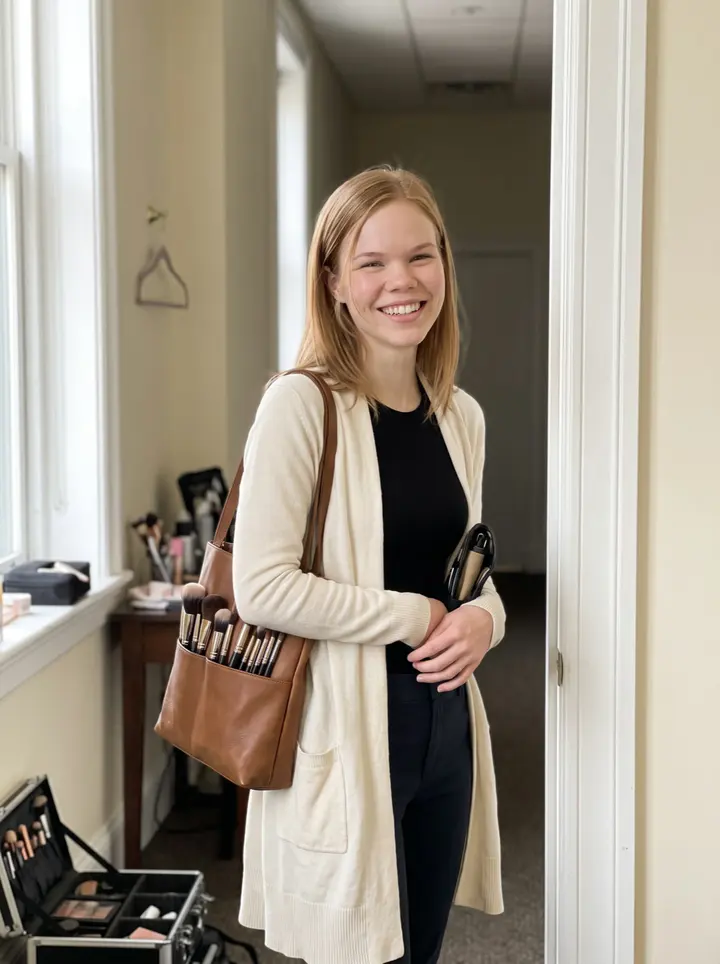 Heather, AI character: a bright bridal prep room in downtown Columbus, standing in the doorway with her leather tote of brushes…