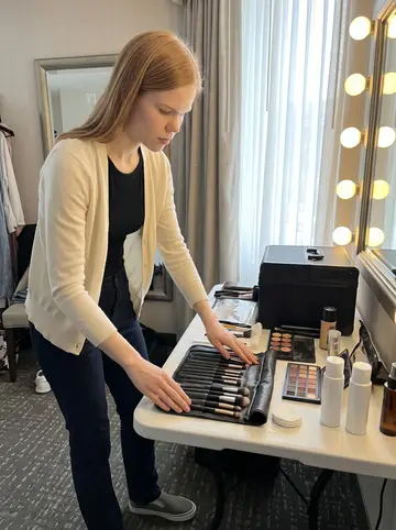 Heather, AI character: a hotel bridal suite near the Short North, makeup cases open on a folding table before the ceremony