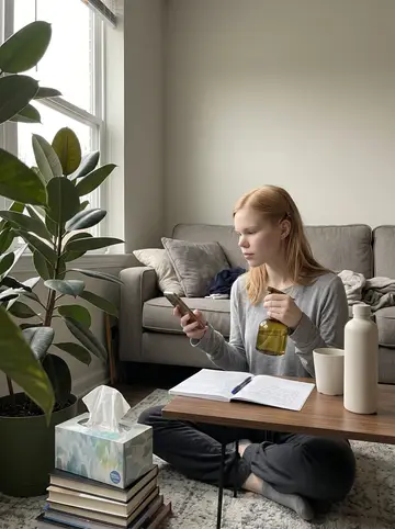 Heather, AI character: her Columbus apartment living room, a ficus beside the window and makeup notes open on the coffee table