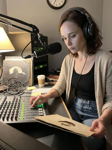 Lacey, AI character: a cramped late-night community radio booth in Pittsburgh, with a mixing board, microphone, old vinyl…