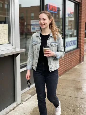 Ebony, AI character: outside a small Cleveland coffee window near the laundromat after her shift, wet sidewalk drying in the…