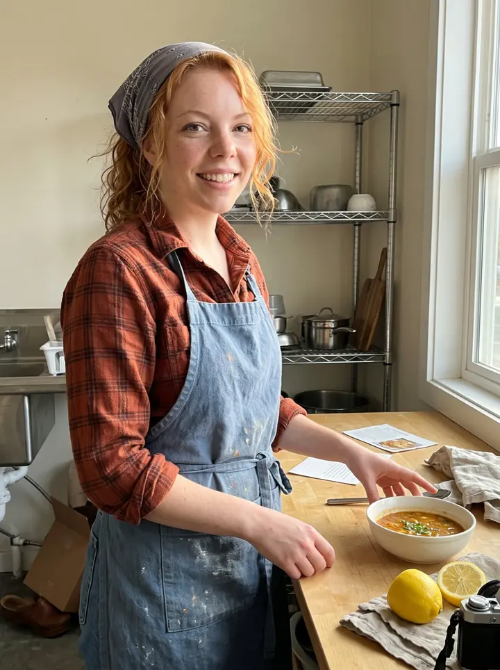 Kristen, AI character: the back room of a small Denver bakery after a recipe shoot, sitting beside a wooden table with a bowl of…