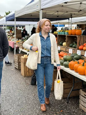 Kristen, AI character: a Colorado farmers' market in October, walking between produce stalls with canvas tote bags of lemons and…
