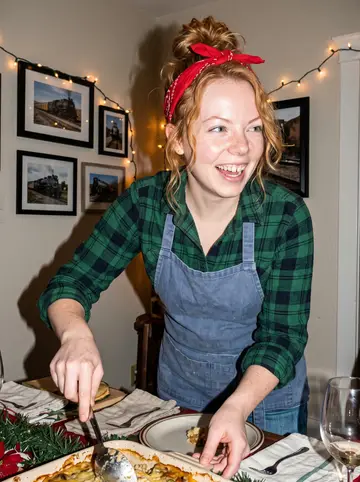 Kristen, AI character: her grandmother's Denver bungalow dining room during a small holiday casserole dinner, old train photos…