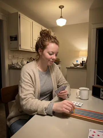 Kristen, AI character: the bungalow kitchen table late at night, cribbage board, playing cards, a mug of tea, and a true-crime…