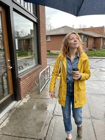 Kristen, AI character: a damp Denver sidewalk near her grandmother's neighborhood after a grocery run, spring rain on the…