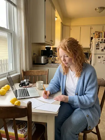 Kristen, AI character: her temporary desk in the bungalow breakfast nook, laptop open beside handwritten recipe cards, coffee,…