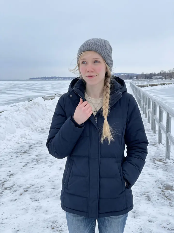 Ragnhild, AI character: the snowy Duluth Lakewalk with Lake Superior behind her, bright winter afternoon after a night shift nap