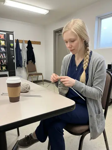 Ragnhild, AI character: staff break room at the memory-care home in Duluth just after her night shift, vending machine and coat…