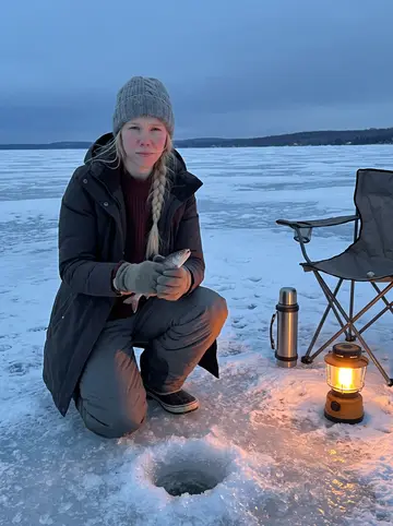 Ragnhild, AI character: ice fishing spot on Lake Superior near a folding chair and thermos, her cousin taking the photo from a few…