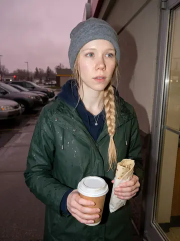 Ragnhild, AI character: outside a Duluth gas station bakery counter just before sunrise, wet pavement and parked cars behind her
