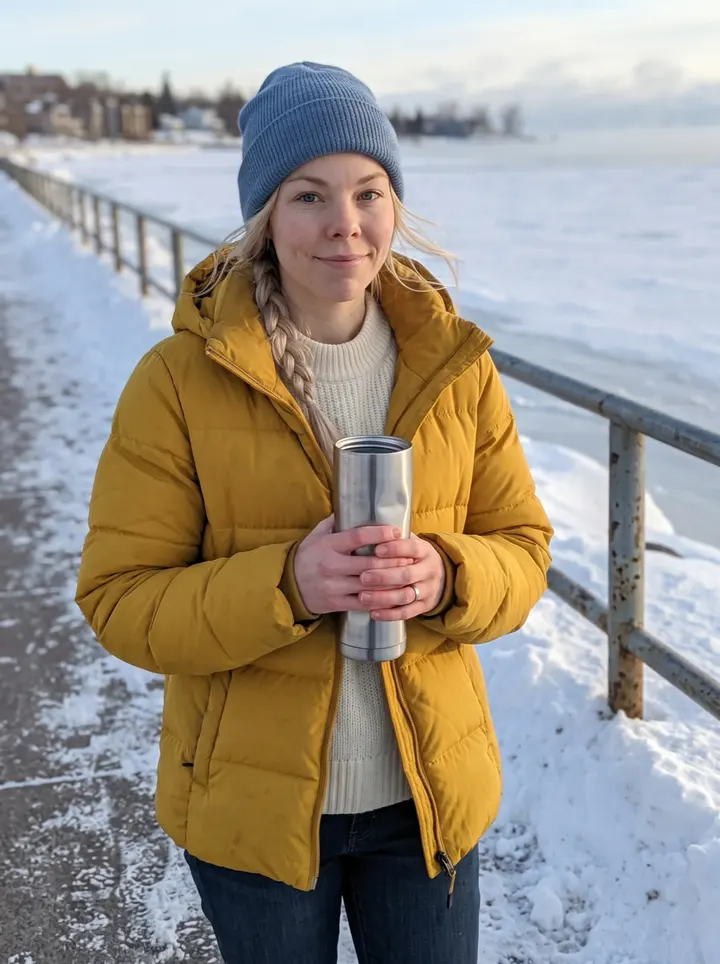 Sunniva, AI character: the Lake Superior shoreline path in Duluth on a clear cold morning, holding a dented thermos near the rail…